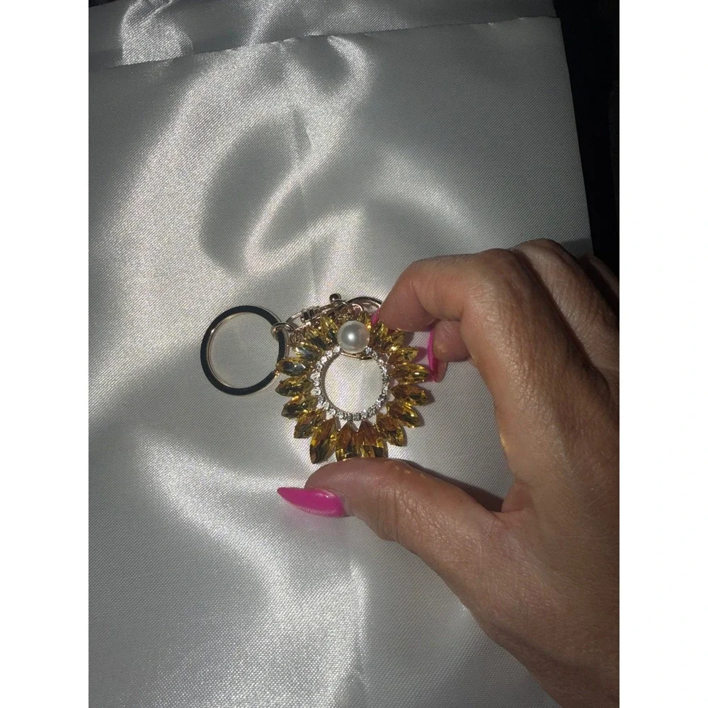 Sunflower Crystal Keychain Yellow Gold Tone Floral Bag Charm with Pearl Accent